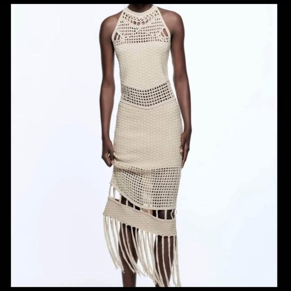 ZARA New W Tags Knit crochet Fringe Midi Dress Size Small